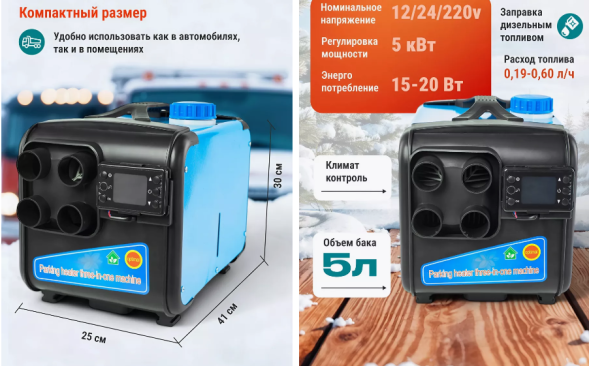 Отопитель воздушный переносной 5Квт 12/24/220В Синий