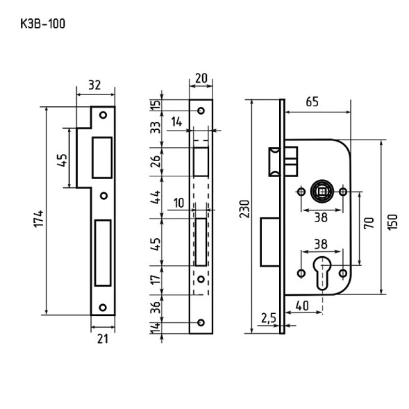 Корпус замка КЗВ-100 (70мм) (черный) Нора-М
