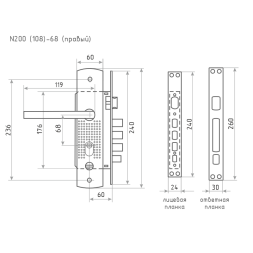 Замок врез. N200 (108)-68 П (мат.никель)  "Нора-М"