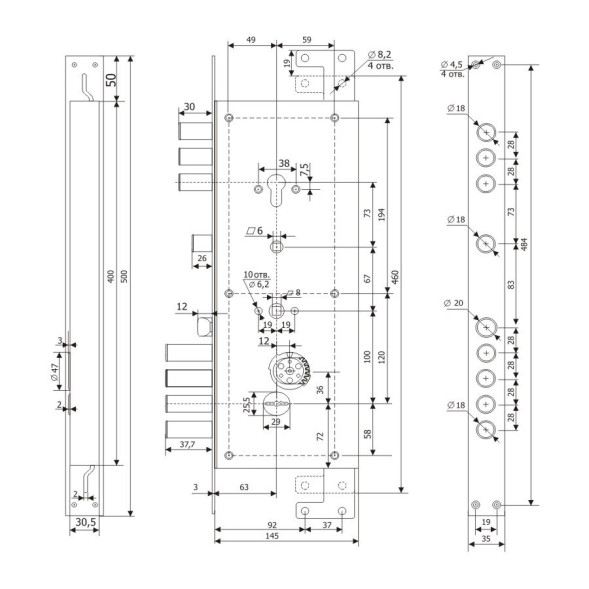 Замок врезной 25.14 ДТ Максимум прав.(5кл+1монт+4нак) Гардиан