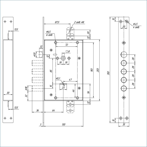 Замок врезной ЗВ9 343.1.1 (5 ключей) 4 ригеля МЕТТЭМ