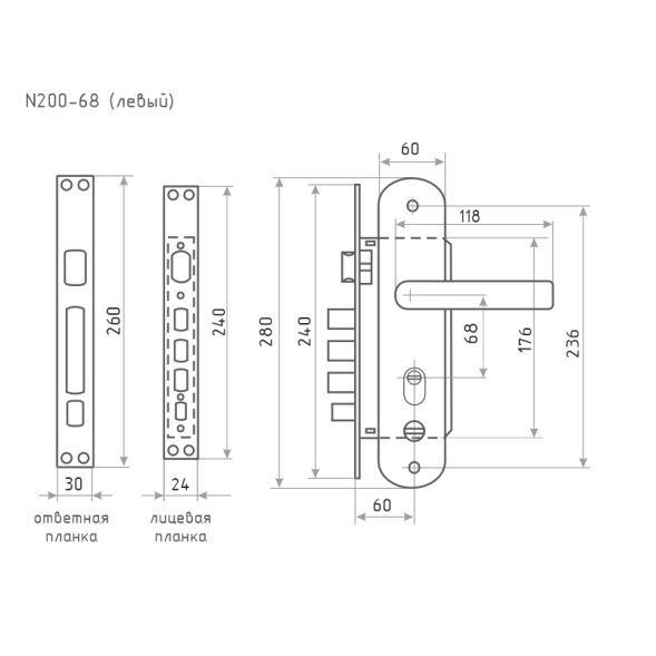 Замок врез. N200-68 (3В-200) Л (мат.никель-черн.никель) "Нора-М"