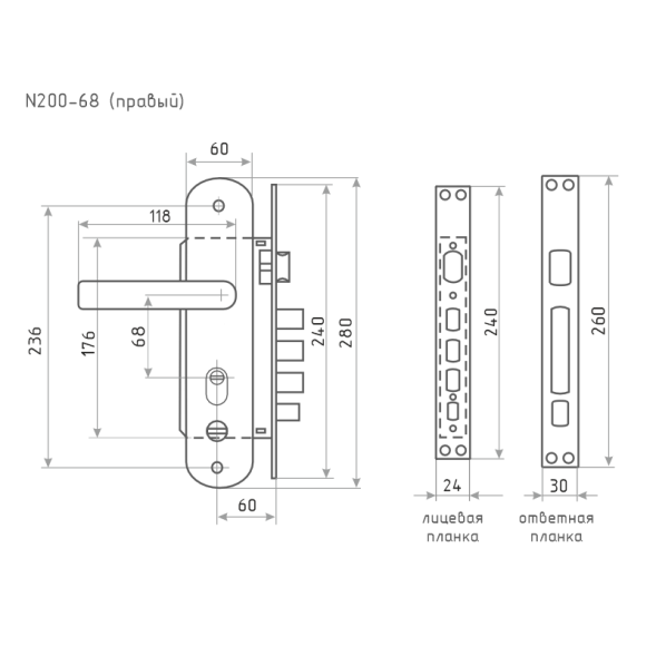 Замок врез. N200-68 (3В-200) П (мат.никель-черн.никель)  "Нора-М"