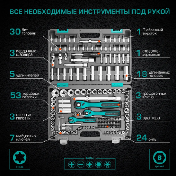 Набор инструментов, 1/2", 3/8",1/4",СrV, усиленный кейс 151 предм. STELS