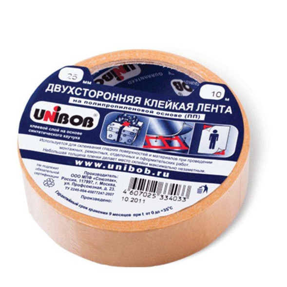 Клейкая лента двухсторонняя UNIBOB 25 мм х 10 м (полипропилен)
