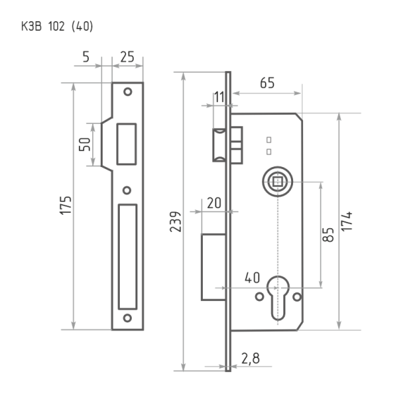 Корпус замка КЗВ-102 (85мм) (латунь полир.) 40мм  "Нора-М"