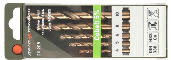 211208 Набор сверл по металлу Cobalt 5% ( D 4-10 мм), 5шт
