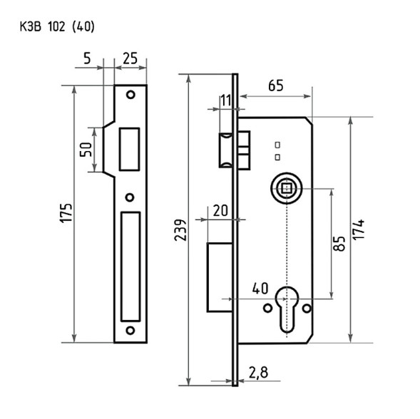 Корпус замка КЗВ-102 (85мм) (хром) 40мм  "Нора-М"