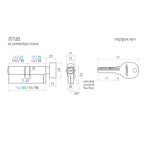 Цилиндр.мех-м ЛПУВ-90 (латунь) (55-35в)  "Нора-М"
