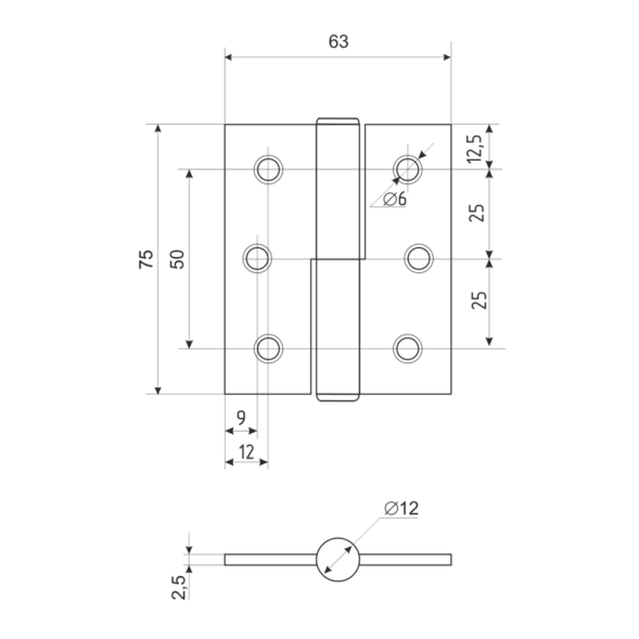 Петля унив.сталь 3"-2ВВ FНР СР (хром.покр.) без кол. (75*63*2,5)  №2 "Нора-М"