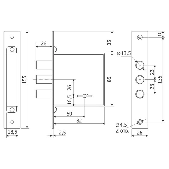 Замок врезной 10.01 (без накладок,без ответн.планки)  Гардиан