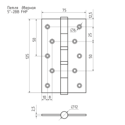 Петля унив.сталь 5"-2ВВ FНР РВ (латун.покр.) без кол. (125*75*2,5)  №2 "Нора-М"