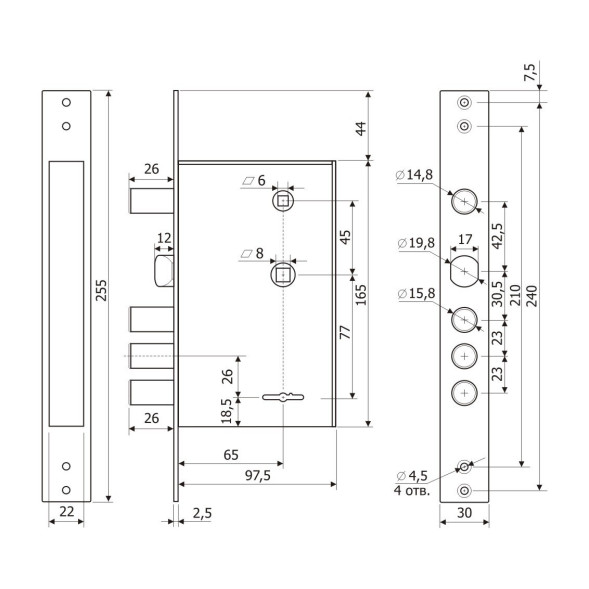 Замок врезной 30.12 (мех-м)  Гардиан