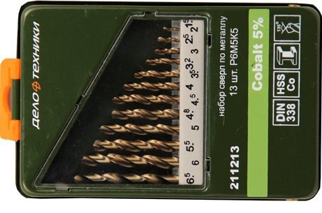 211213 Набор сверл по металлу P6M5K5, 13шт (d 1,5-6,5  шаг 0,5 +3,2 +4,8 мм )