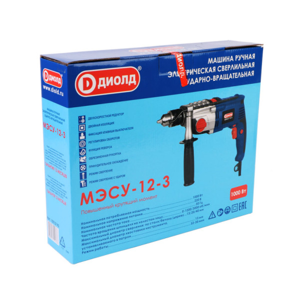 Машина ручная электрическая сверлильная ударно-вращальная 1000 Вт (МЭСУ-12-3) "ДИОЛД"