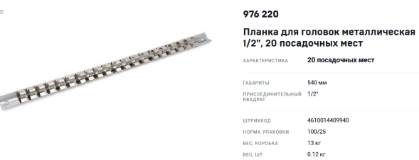 976220 Планка для головок металлическая 1/2&quot;  20пр.